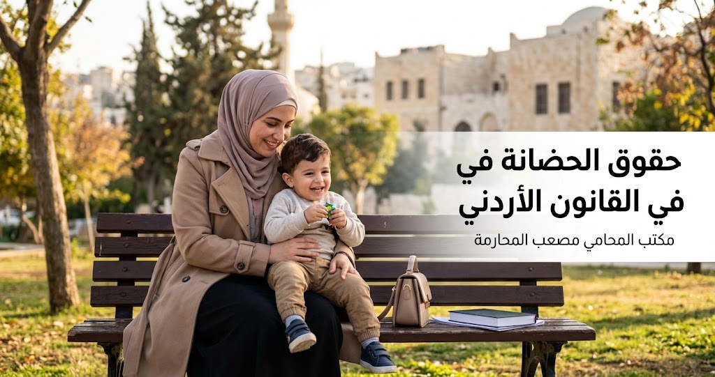 أم تبتسم وتجلس مع طفلها الصغير على مقعد خشبي في حديقة عامة، تعبيراً عن حقوق الحضانة في الأردن.