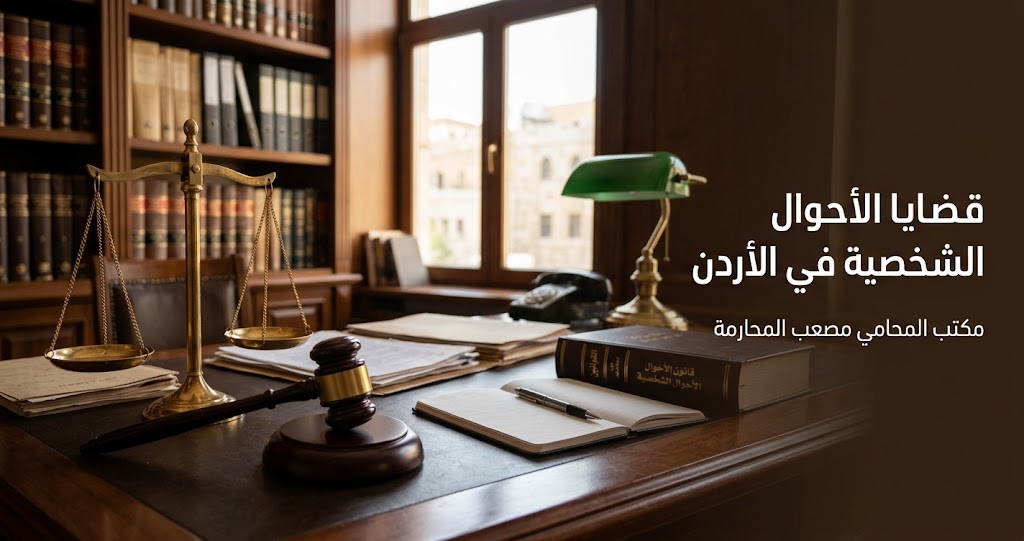 صورة لمطرقة قاضي شرعي بجوار ميزان العدالة على مكتب خشبي، تعبيراً عن قضايا الأحوال الشخصية في الأردن.